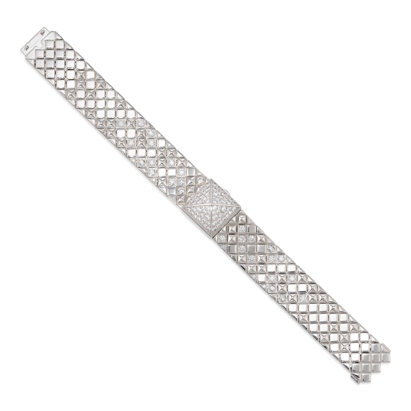 HERMÈS: AN 18K WHITE GOLD AND DIAMOND 'MEDOR' WRISTWATCH: HERMÈS: AN 18K WHITE GOLD AND DIAMOND 'MEDOR' WRISTWATCH Mini model designed with quartz movement, square dial with no hourmarkers, the crystal signed 'Hermès Paris,' pyramidal case and