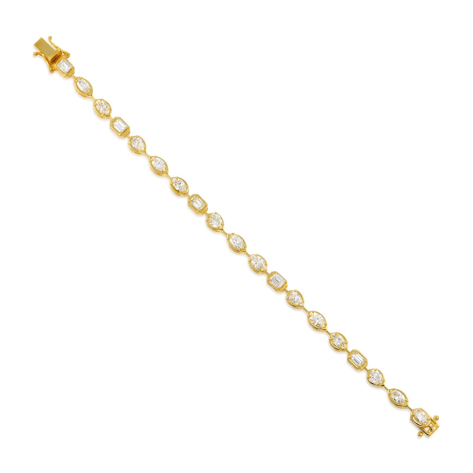 A DIAMOND BRACELET: A DIAMOND BRACELET A line bracelet, alternating oval, pear and marquise-shaped and octagonal step-cut diamonds; estimated total diamond weight 4.20 carats; mounted in 14k gold; length 6 3/4 in.