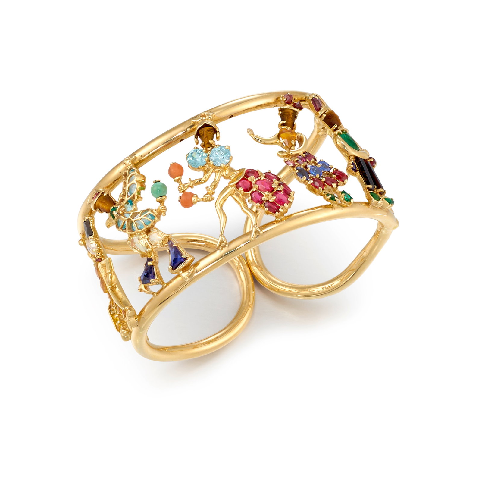A 14K PINK GOLD, GEM-SET AND GLASS BRACELET: A 14K PINK GOLD, GEM-SET AND GLASS BRACELET A hinged, openwork cuff, comprising celebratory and dancing figures, set with tiger's eye, topaz, coral, turquoise, sapphire, moonstone and green, yellow, p