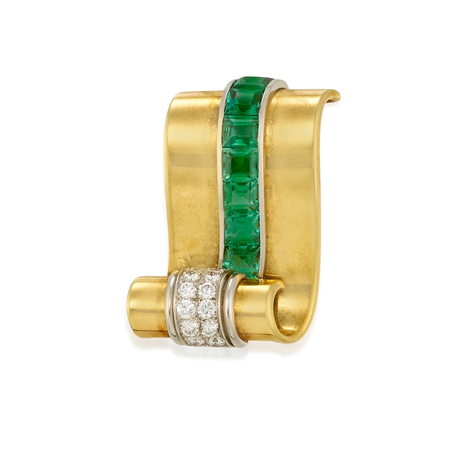 AN 18K GOLD, PLATINUM, TOURMALINE AND DIAMOND CLIP/BROOCH, CIRCA 1950: AN 18K GOLD, PLATINUM, TOURMALINE AND DIAMOND CLIP/BROOCH, CIRCA 1950 Designed as a scroll, set with square step-cut tourmalines and round brilliant-cut diamonds; with maker's mark; estimated total