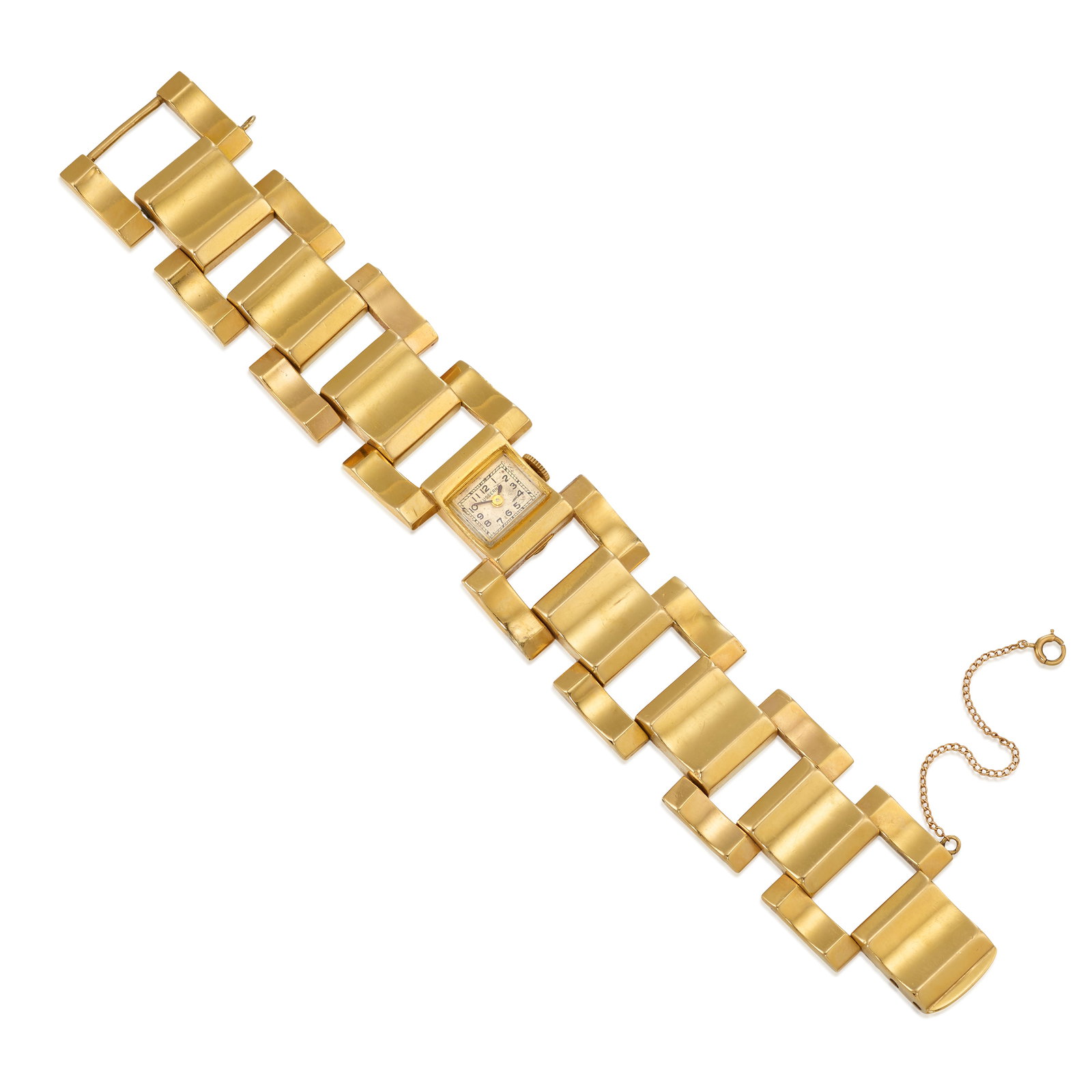 A 14K GOLD WATCH, CIRCA 1950: A 14K GOLD WATCH, CIRCA 1950 Designed with manual movement, the rectangular dial signed Lusserna, with Arabis numerals, completed by a gold link bracelet; case measures 14.2 mm; length 6 3/4 - 7 in.;