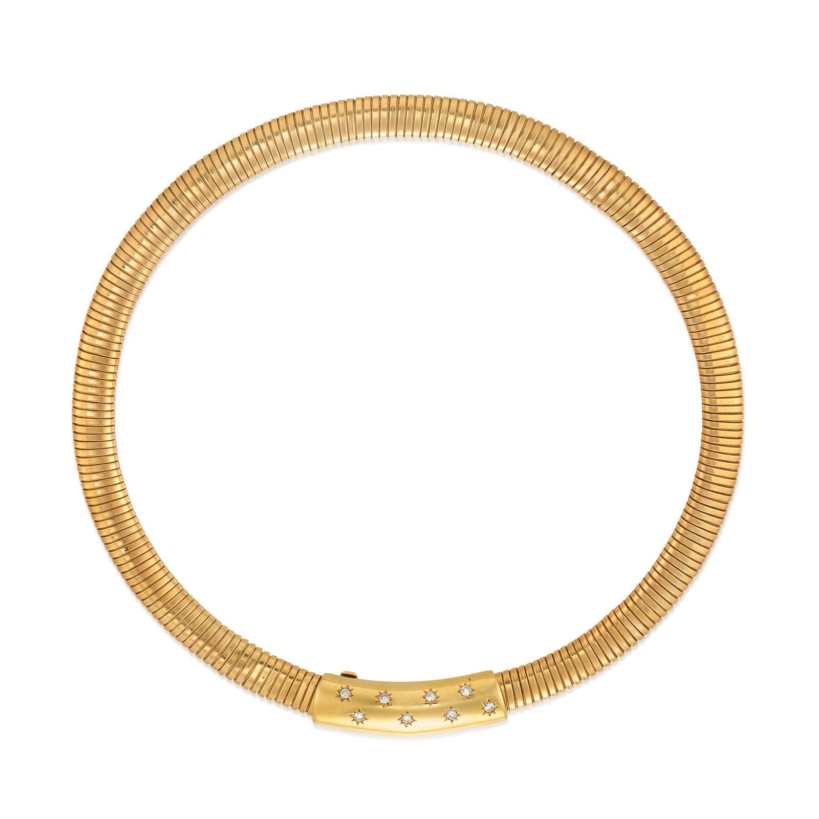 A DIAMOND NECKLACE: A DIAMOND NECKLACE A tubogas collar, completed by a clasp accented with single-cut diamonds; estimated total diamond weight 0.40 carats; fabricated in 14k pink gold; length 16 1/2 in.; width 3/8 in.