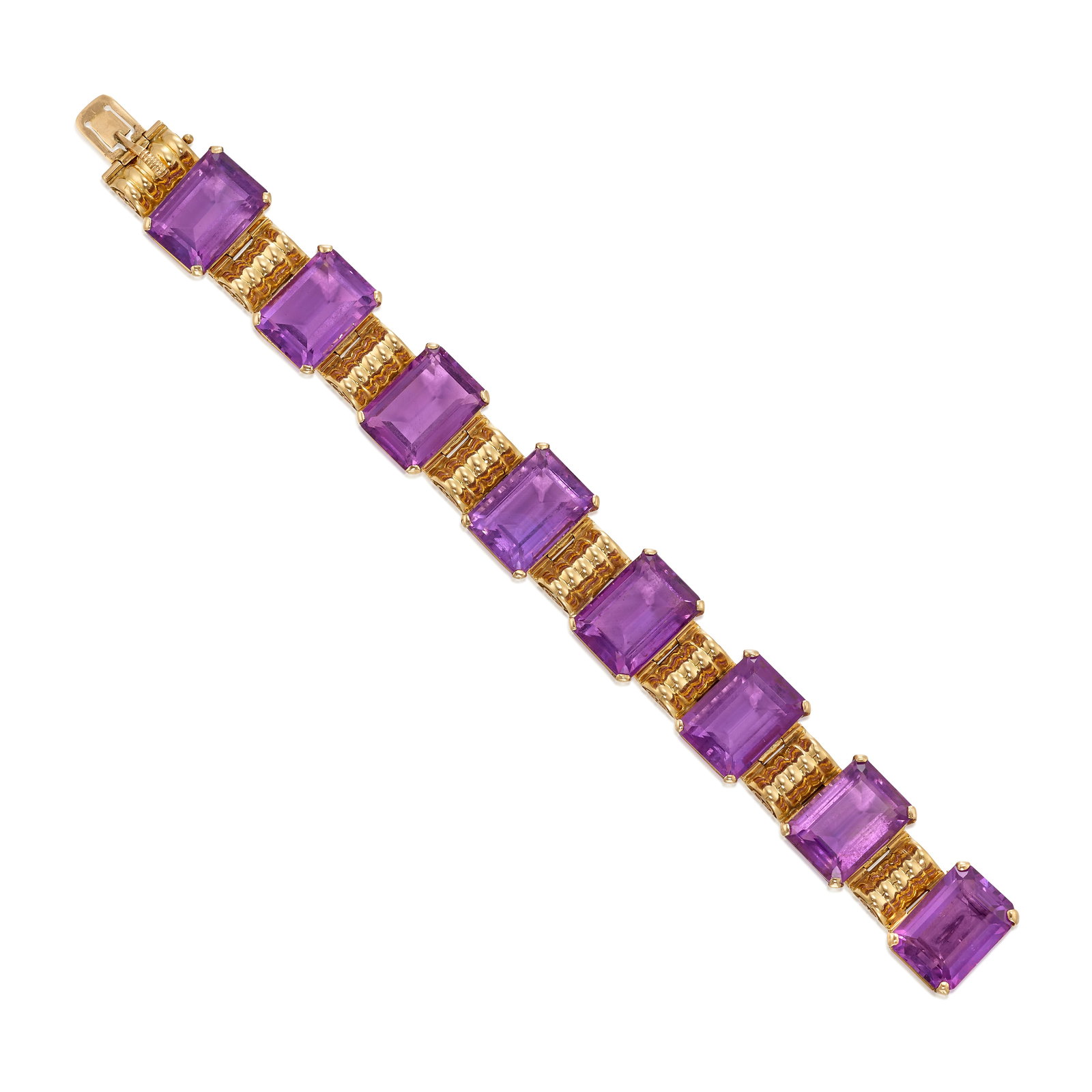 AN AMETHYST BRACELET, CIRCA 1940: AN AMETHYST BRACELET, CIRCA 1940 Alternating rectangular-shaped, step-cut amethysts and fluted gold elements; estimated total amethyst weight 120.0 carats; mounted in 18k pink gold; length 7 1/4 in.;