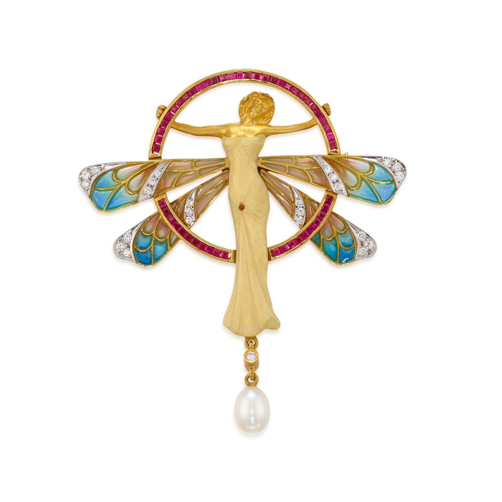MASRIERA: AN 18K GOLD, ENAMEL, CULTURED PEARL AND GEM-SET 'NYMPHS' PENDANT/BROOCH: MASRIERA: AN 18K GOLD, ENAMEL, CULTURED PEARL AND GEM-SET 'NYMPHS' PENDANT/BROOCH Designed as an ascending nymph in a halo of calibré-cut rubies, enamel drape and plique-à-jour wings,