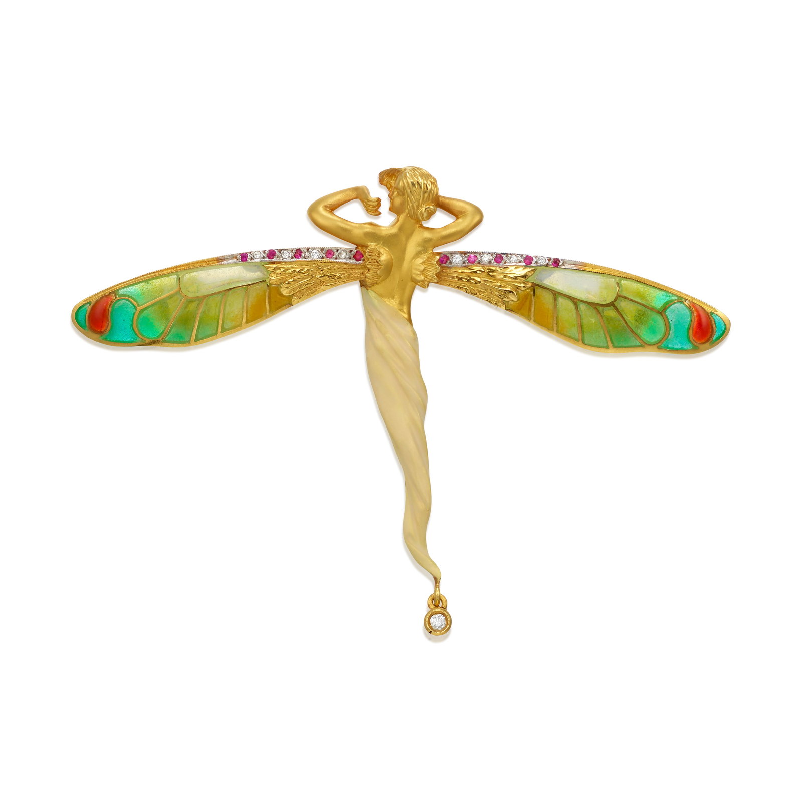 MASRIERA: AN 18K GOLD, ENAMEL AND GEM-SET 'NYMPHS' PENDANT/BROOCH: MASRIERA: AN 18K GOLD, ENAMEL AND GEM-SET 'NYMPHS' PENDANT/BROOCH Designed as a nymph in flight, with enamel drape and plique-à-jour wings, accented with round brilliant-cut diamonds and round