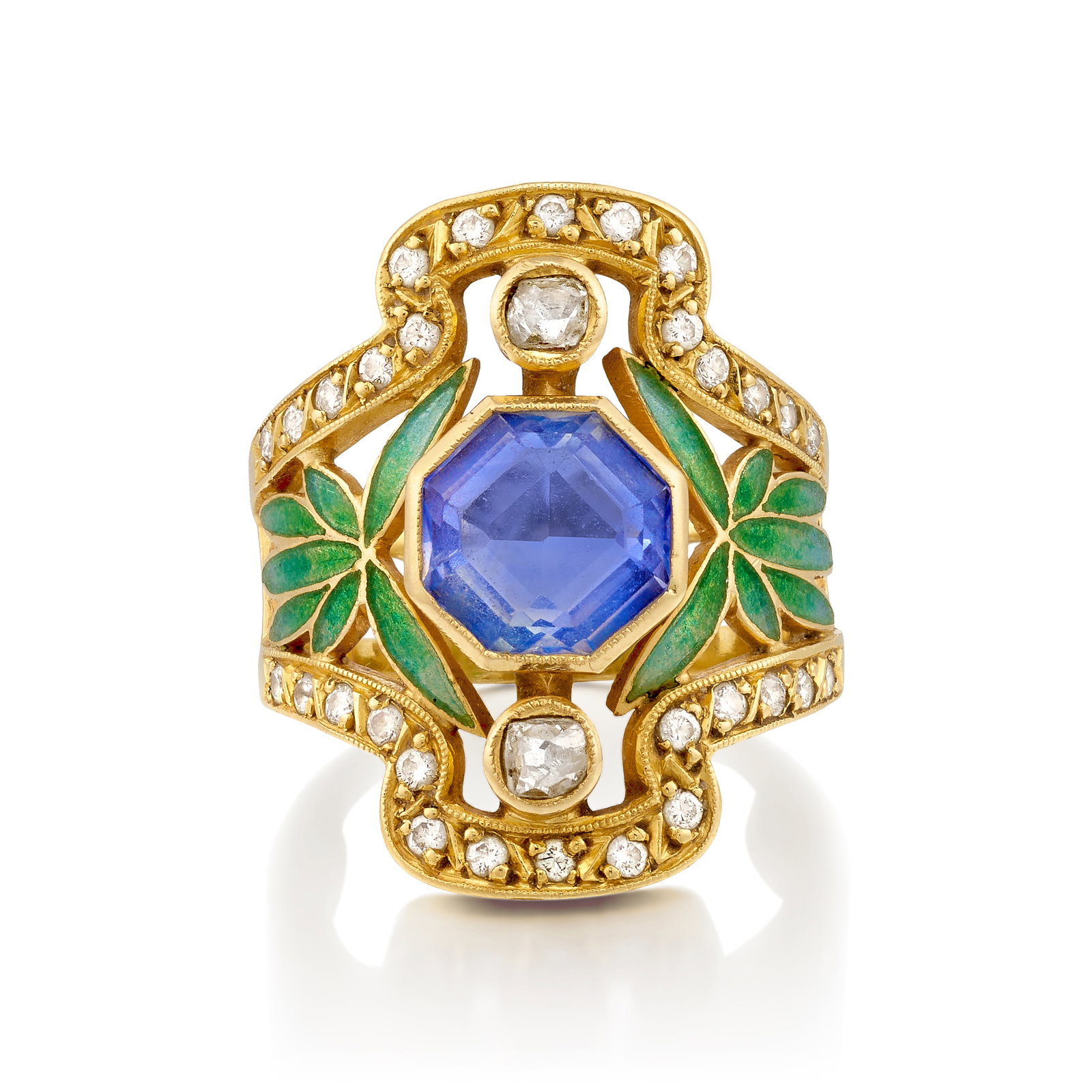 MASRIERA Y CARRERA: AN 18K GOLD, SAPPHIRE, DIAMOND AND ENAMEL RING: MASRIERA Y CARRERA: AN 18K GOLD, SAPPHIRE, DIAMOND AND ENAMEL RING Centering an octagonal-shaped sapphire, flanked by foliate-inspired enamelwork, framed by old mine and round brilliant-cut diamonds;