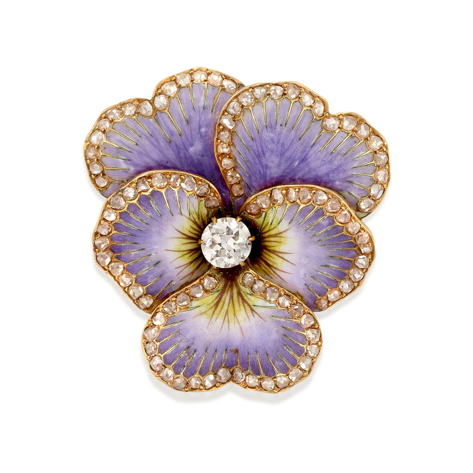 TIFFANY & CO.: A 14K PINK GOLD, ENAMEL AND DIAMOND PENDANT/BROOCH, CIRCA 1900: TIFFANY & CO.: A 14K PINK GOLD, ENAMEL AND DIAMOND PENDANT/BROOCH, CIRCA 1900 Designed as a pansy, centering an old mine-cut diamond, the petals accented with rose-cut diamonds; signed Tiffany & Co.;