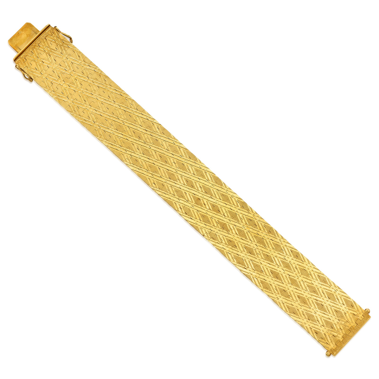 AN 18K GOLD BRACELET, CIRCA 1950: AN 18K GOLD BRACELET, CIRCA 1950 A strap bracelet of woven motif; with maker's mark; with Italian registered trademark; length 7 3/4 in.; width 1 in. Footnotes: OVERALL CONDITION: Metal stamped and