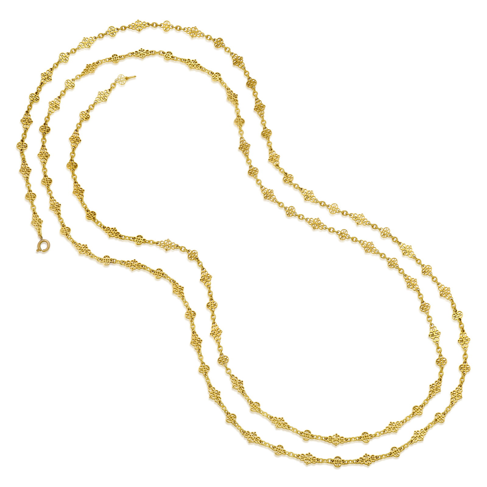 AN 18K GOLD NECKLACE: AN 18K GOLD NECKLACE A fancy link longchain necklace; length 68 in. Footnotes: OVERALL CONDITION: Metal stamped and tested with XRF (X-ray fluorescence) for 18k gold, clasp tested for low karat gold;