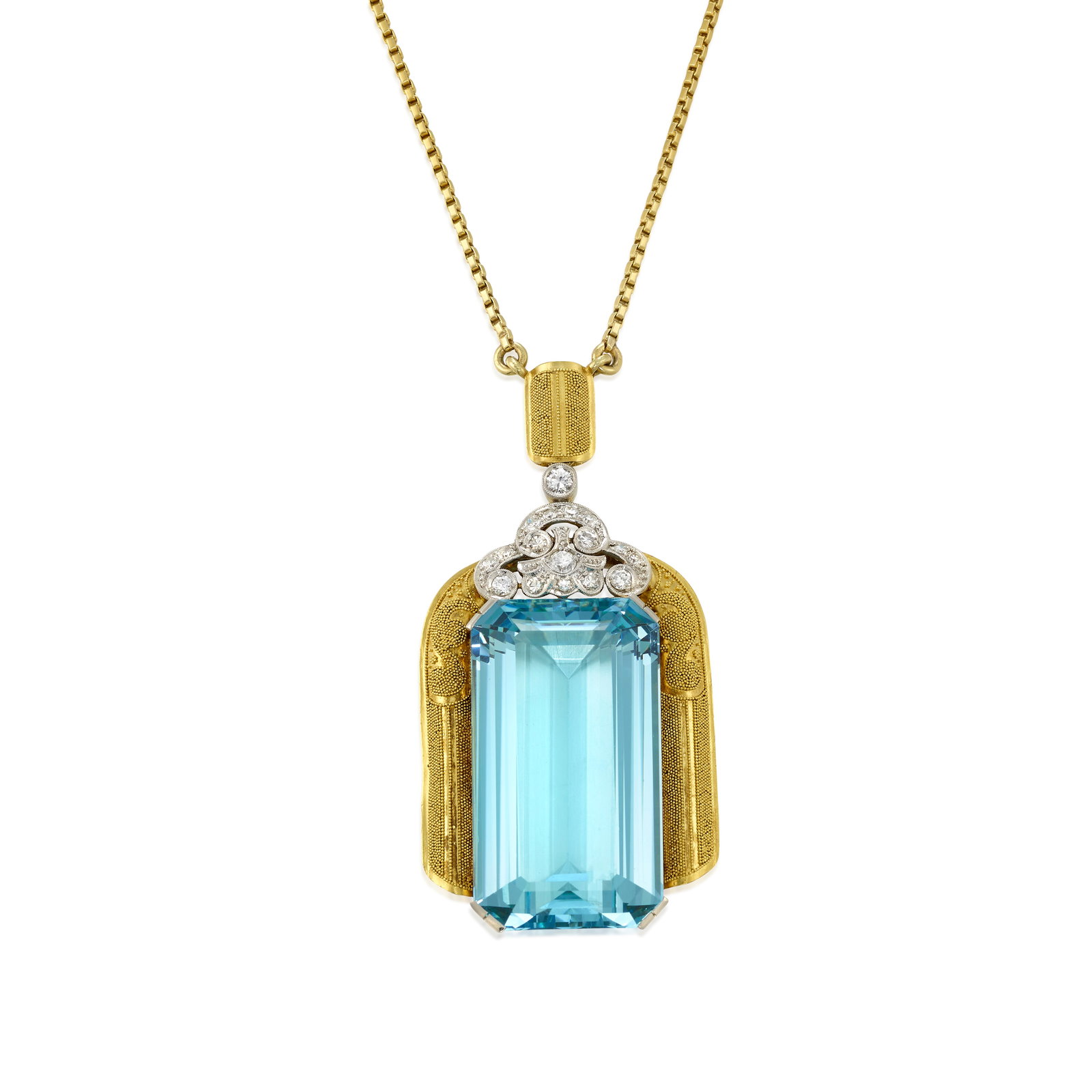 AN AQUAMARINE AND DIAMOND NECKLACE: AN AQUAMARINE AND DIAMOND NECKLACE The pendant comprising an octagonal step-cut aquamarine, accented with round brilliant and single-cut diamonds and gold granulation detailing, completed by a box