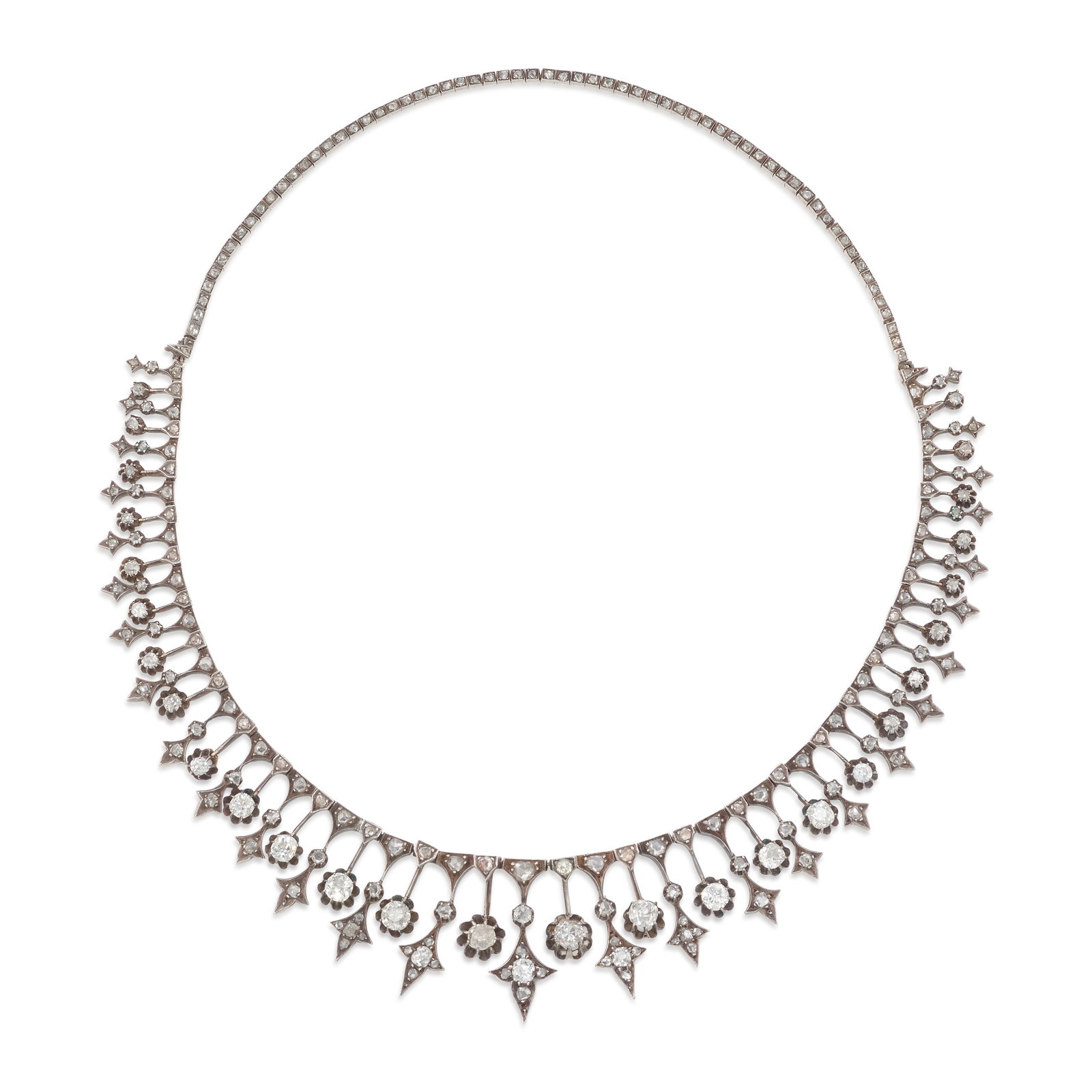 A CONVERTIBLE DIAMOND NECKLACE, CIRCA 1880: A CONVERTIBLE DIAMOND NECKLACE, CIRCA 1880 A fringe necklace, set across with old mine-cut diamonds and diamond chips, with convertible backchain to be worn as a bracelet; with possible partial