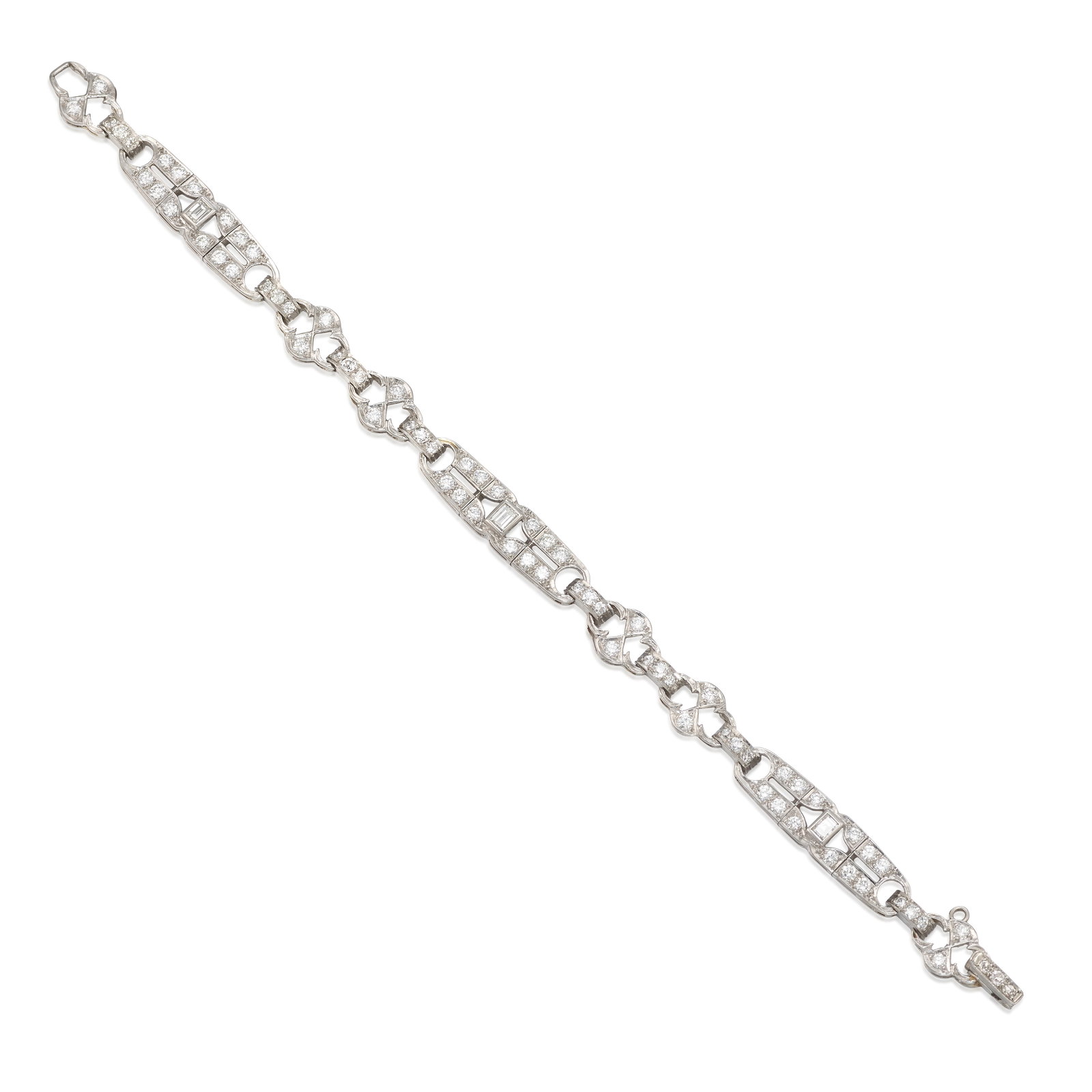 A PLATINUM AND DIAMOND BRACELET, CIRCA 1920: A PLATINUM AND DIAMOND BRACELET, CIRCA 1920 Of repeating, openwork buckle motif, accented with old European, old mine, single, transitional and octagonal step-cut diamonds; estimated total diamond