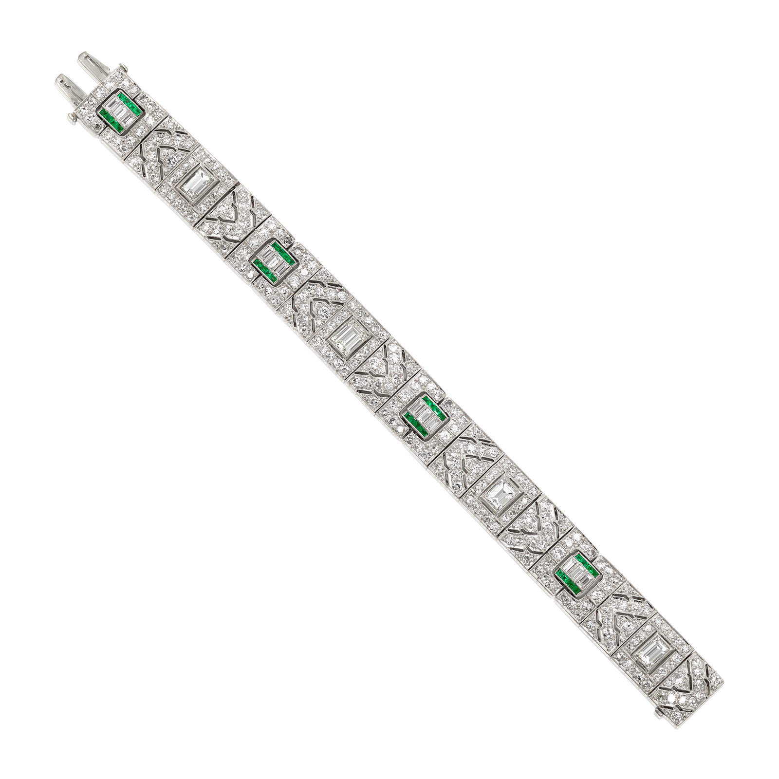 A DIAMOND AND EMERALD BRACELET, CIRCA 1920: A DIAMOND AND EMERALD BRACELET, CIRCA 1920 A strap bracelet of repeating design, set across with rectangular step, transitional and single-cut diamonds, accented by calibré-cut emeralds; etched '