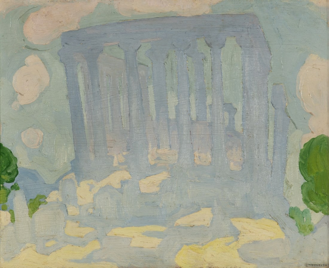 SPYROS PAPALOUKAS (1892-1957) Le temple d'Afea, Égine: SPYROS PAPALOUKAS (1892-1957) Le temple d'Afea, Égine signé en grec (en bas à droite) huile sur carton, marouflé sur toile 27,5 x 33,5cm. (10.8 × 13.2 in) Peint en 1923. Oil o