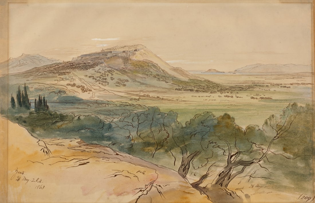 EDWARD LEAR (1812-1888) Zante: EDWARD LEAR (1812-1888) Zante Sketch taken at the spot inscrit et daté « Zante / 28 May 2 P.M. / 1863 » (en bas à gauche) encre et aquarelle sur papier 36 x 54 cm. (14.2 × 21.