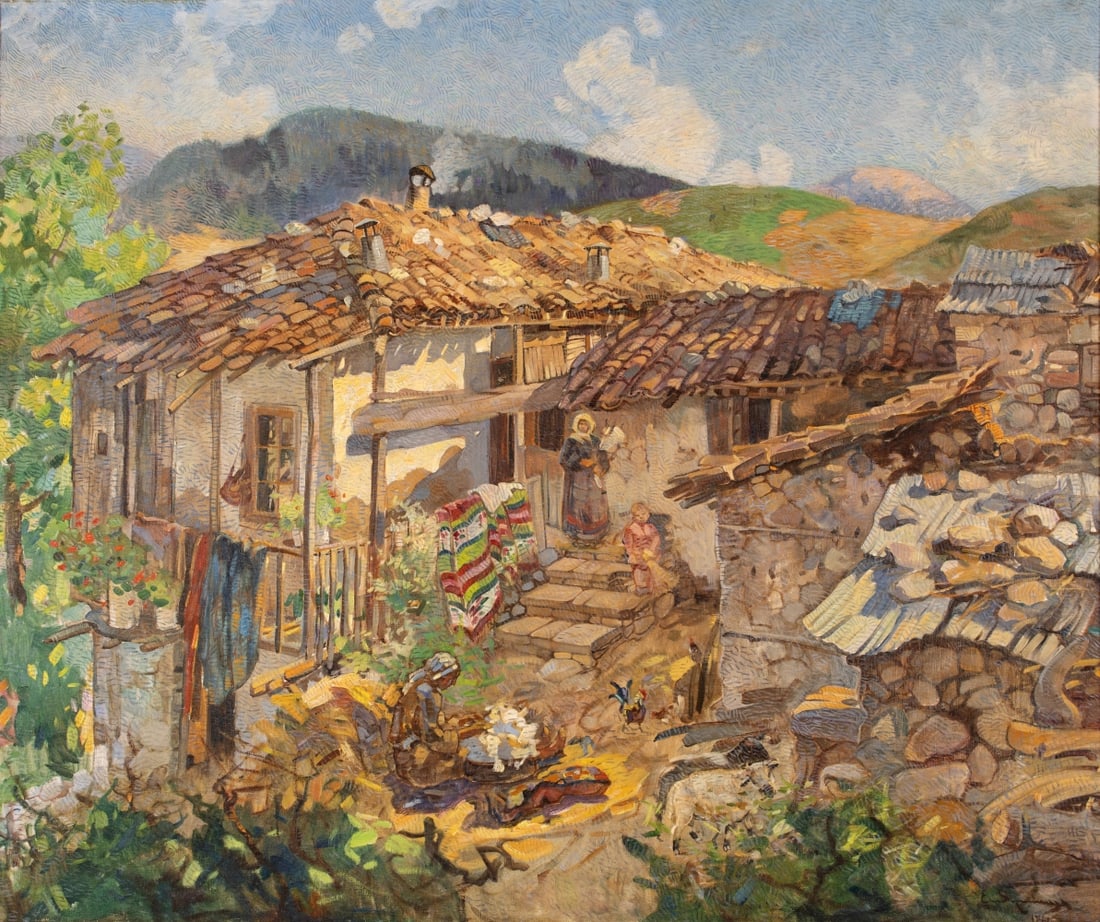 EPAMINONDAS THOMOPOULOS (1878-1976) Scène quotidienne dans un village grec: EPAMINONDAS THOMOPOULOS (1878-1976) Scène quotidienne dans un village grec signé en grec et daté « 1941 » (en bas à droite) huile sur toile 85,5 x 101 cm. (33.7 × 39
