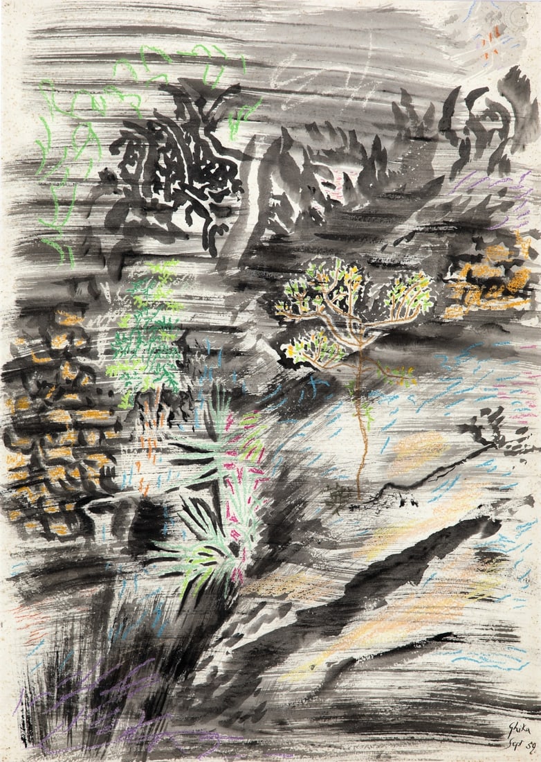 NIKOS HADJIKYRIAKOS-GHIKA (1906-1994) Paysage à Édipsos: NIKOS HADJIKYRIAKOS-GHIKA (1906-1994) Paysage à Édipsos signé et daté « Ghika / Sept 59 » (en bas à droite) gouache et encre sur papier 73 x 51 cm. (28.7 × 20.1