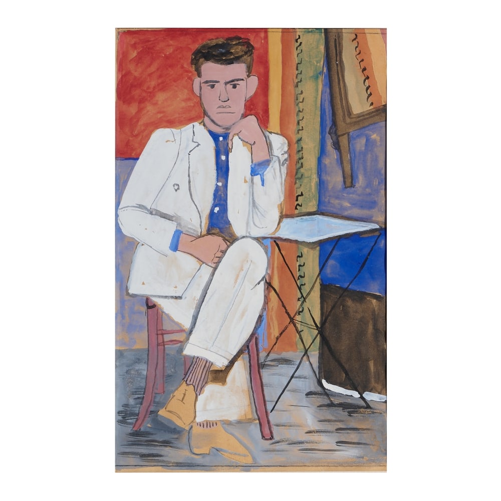 YIANNIS TSAROUCHIS (1910-1989) Jeune homme en costume de lin blanc: YIANNIS TSAROUCHIS (1910-1989) Jeune homme en costume de lin blanc Gouache sur papier 27 x 17cm (10.63 × 6.69 in) Peint en 1936. Gouache on paper Footnotes: Provenance Sophia Spanoudi co