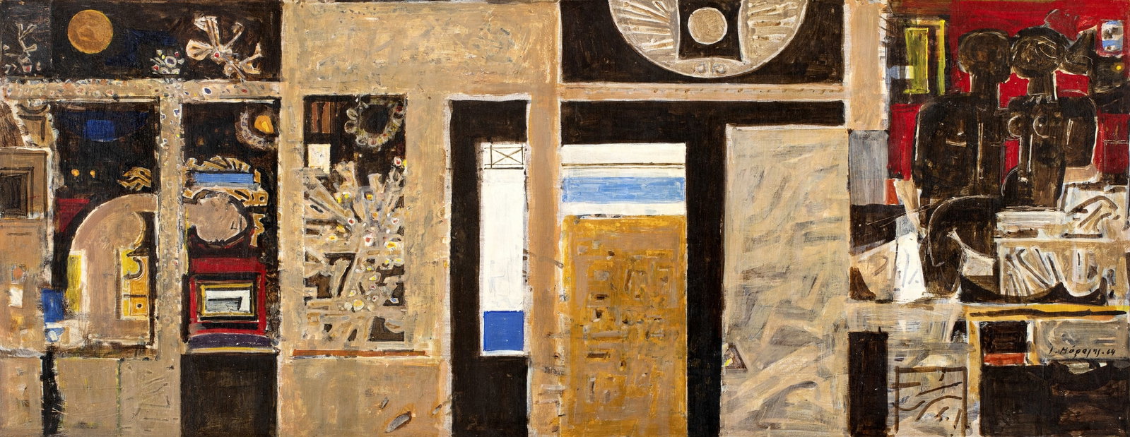 YIANNIS MORALIS (1916-2009) Printemps: YIANNIS MORALIS (1916-2009) Printemps signé en grec et daté '64' (en bas à droite); signé et daté 'Yannis MORALIS/1963-65' (au revers) technique byzantine sur carton 36 x 89cm