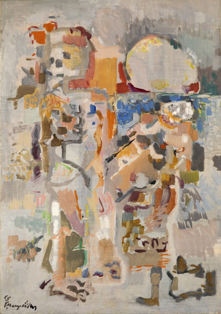 GEORGE MAVROIDIS (1912-2003) Abstrait: GEORGE MAVROIDIS (1912-2003) Abstrait signé en grec et daté « 65 » (en bas à gauche) huile sur toile 100 x 70 cm. (39.4 × 27.6 in) Peint en 1965. Oil on canvas This lot i