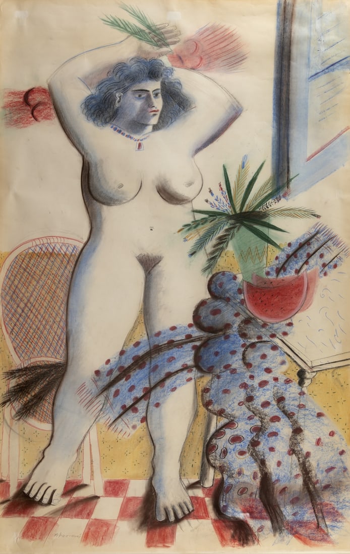 ALECOS FASSIANOS (1935-2022) Nue avec des fruits d'été: ALECOS FASSIANOS (1935-2022) Nue avec des fruits d'été signé en grec (en bas a gauche) pastel et fusain sur papier 213 x 129 cm. (83.9 × 50.8 in) Pastel and charcoal on paper. Foot