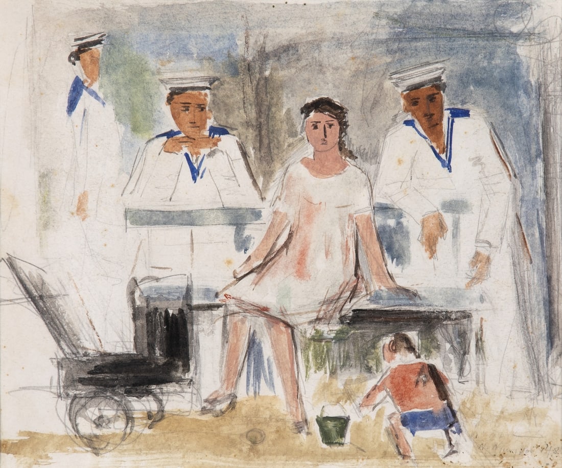 NIKOS NIKOLAOU (1909-1986) Deux composition avec des marins (2): NIKOS NIKOLAOU (1909-1986) Deux composition avec des marins (2) Toutes deux signées et datées « 48 » (en bas à droite) aquarelle et mine de plomb sur papier 24 x 28 cm. (9.4 &