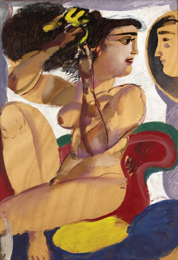 DIMITRIS MYTARAS (1934-2017) Femme nu au miroir: DIMITRIS MYTARAS (1934-2017) Femme nu au miroir signé en grec (en bas à droite) huile sur panneau 100 x 70 cm. (39.4 × 27.6 in) Oil on panel Footnotes: Provenance Private colle