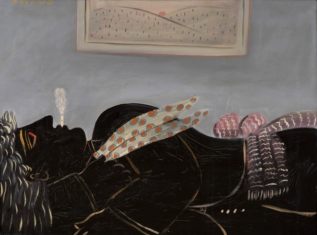 ALECOS FASSIANOS (1935-2022) Fumeur allongé: ALECOS FASSIANOS (1935-2022) Fumeur allongé signé en grec (en haut à gauche) huile sur toile 60 x 80 cm. (23.6 × 31.5 in) Oil on canvas This lot is subject to the following lot sym