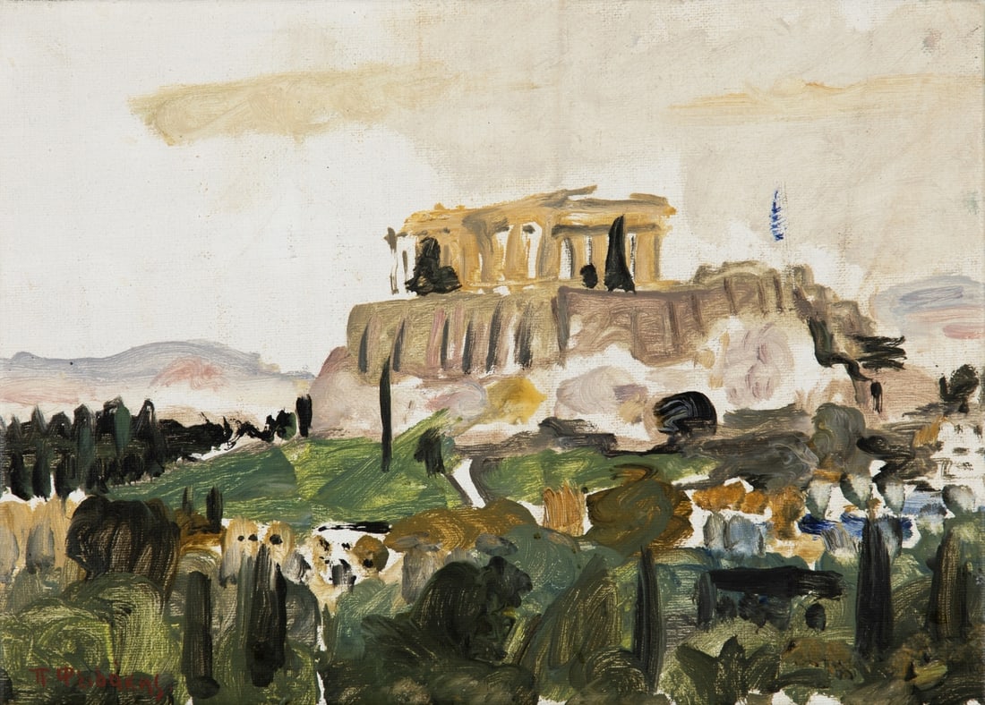 PANOS FIDAKIS (Greek, 1956-2003) Vue de l'Acropole: PANOS FIDAKIS (Greek, 1956-2003) Vue de l'Acropole Signé en grec (en bas à droite) Huile sur toile 26 x 36 cm. (10.2 × 14.2 in) Oil on canvas For further information on this lot please 