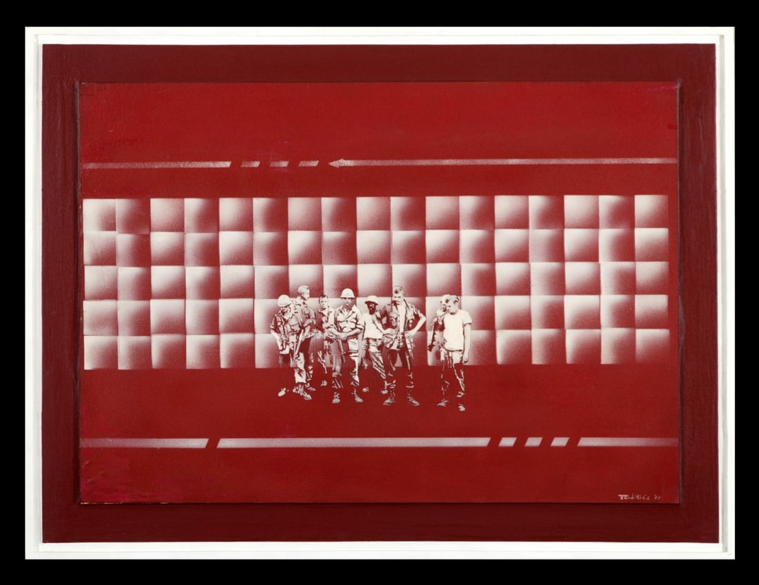 DIMITRIS PERDIKIDIS (1922-1989) Soldats: DIMITRIS PERDIKIDIS (1922-1989) Soldats signé et daté 'Perdikidis 75' (en bas à droite) technique mixte sur panneau 62 x 82.5 cm. (24.4 × 32.5 in.) Peint en 1975 mixed media on pan