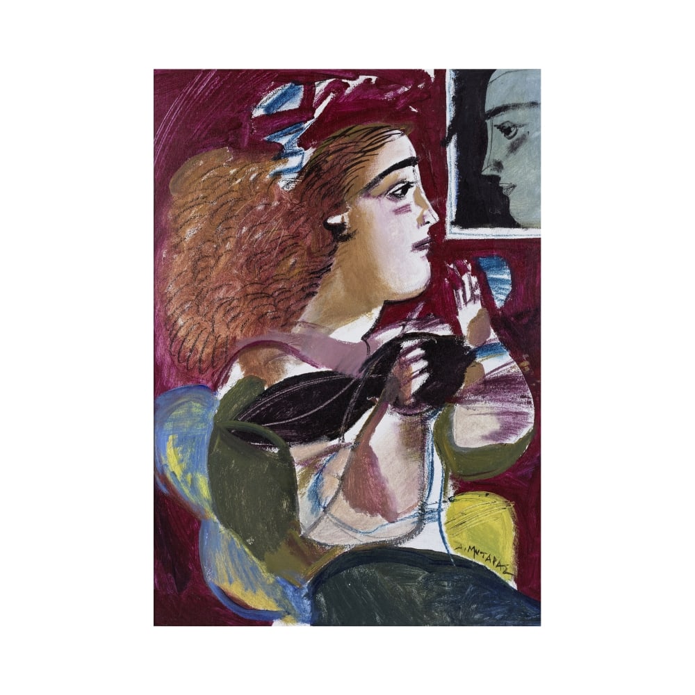 DIMITRIS MYTARAS (1934-2017) Regardant par la fenêtre: DIMITRIS MYTARAS (1934-2017) Regardant par la fenêtre Signé en grec (en bas à droite) Huile sur toile 70 x 50cm (27.56 × 19.69 in) Oil on canvas This lot is subject to the followin