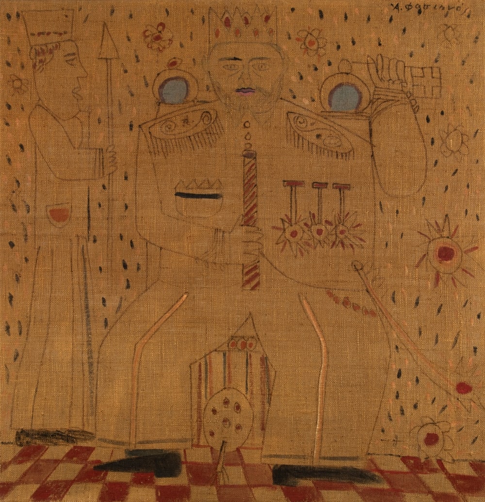 ALECOS FASSIANOS (1935-2022) Conte de fées sans titre: ALECOS FASSIANOS (1935-2022) Conte de fées sans titre signé en grec (en haut à droite) acrylique et feutres sur toile de jute entoilé 127.5 x 122.5cm (50.2 × 48.2 in) Acrylic 