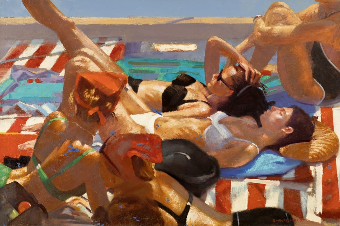 PANOS BEREDIMAS (born 1959) Sous le soleil: PANOS BEREDIMAS (born 1959) Sous le soleil signé en grec et daté « 99 - 00 » (en bas à droite) huile sur toile 100,5 x 151 cm. (39.6 × 59.4 in) Peint en 1999-2000. Oil on