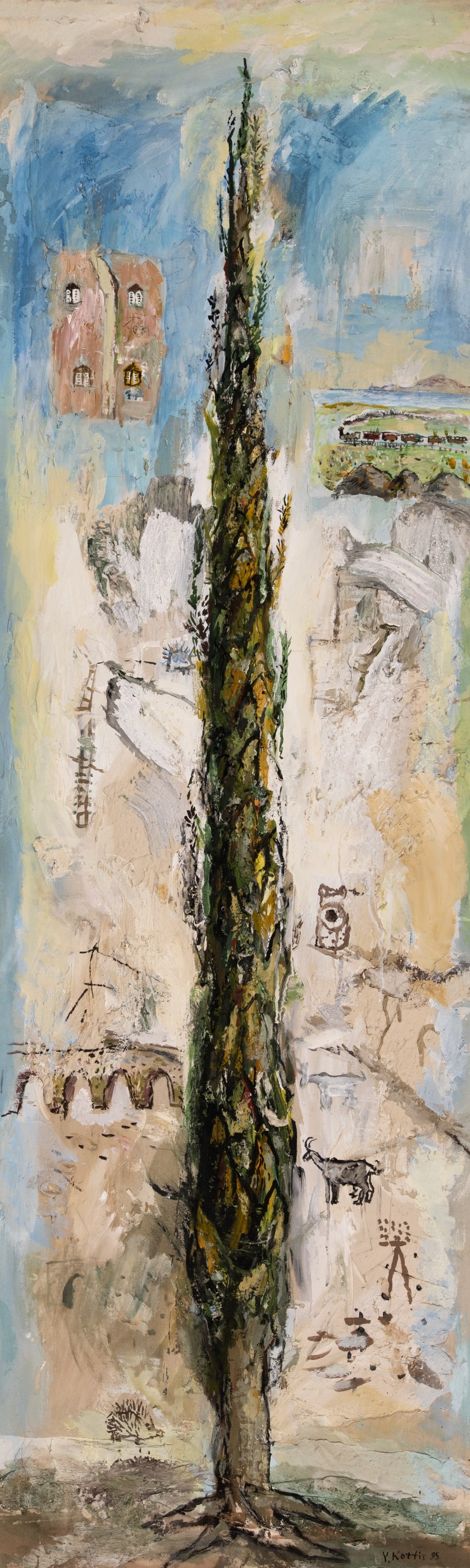 YIANNIS KOTTIS (born 1949) Cypress: YIANNIS KOTTIS (born 1949) Cypress signé et daté « Y. Kottis 95 » (en bas á droite) huile et technique mixte sur toile 208 x 65 cm. (81.9 × 25.6 in) Peint en 1995. Oil an