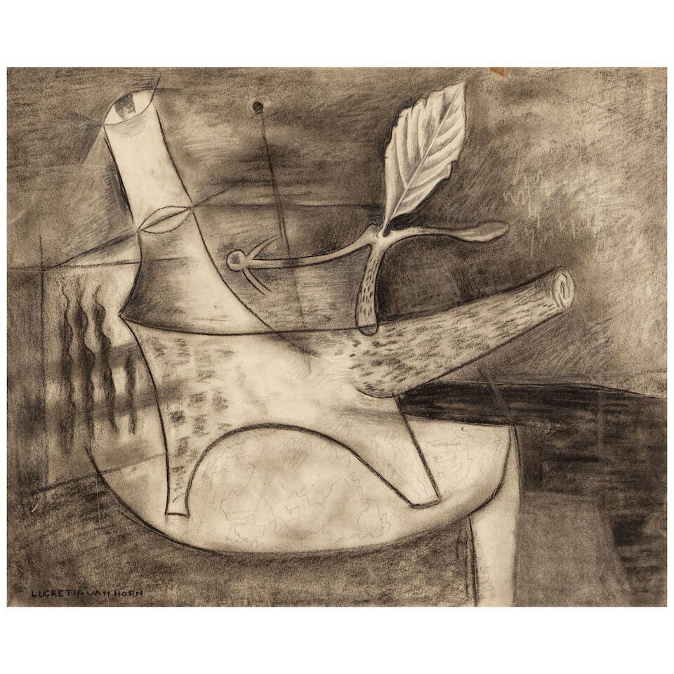 LUCRETIA VAN HORN (1882-1970) Untitled (Leaf and Branch) sight: 13 3/4 x 16 3/4 in (34.9 x 42.6 ...: LUCRETIA VAN HORN (1882-1970) Untitled (Leaf and Branch) signed 'LUCRETIA VAN HORN' (lower left) charcoal and graphite on paper sight: 13 3/4 x 16 3/4 in (34.9 x 42.6 cm) Executed in circa