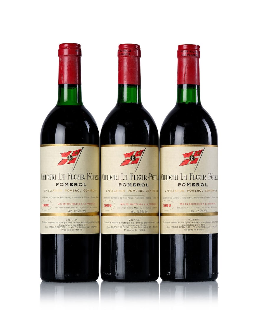 Château La Fleur Pétrus, 1988 (3x 750ml): Château La Fleur Pétrus, 1988 (3x 750ml) Region: Bordeaux Fill Level: 2x base neck, 1x very top shoulder Capsule: 1x slightly torn Label: 3x slightly marked For further information on this l