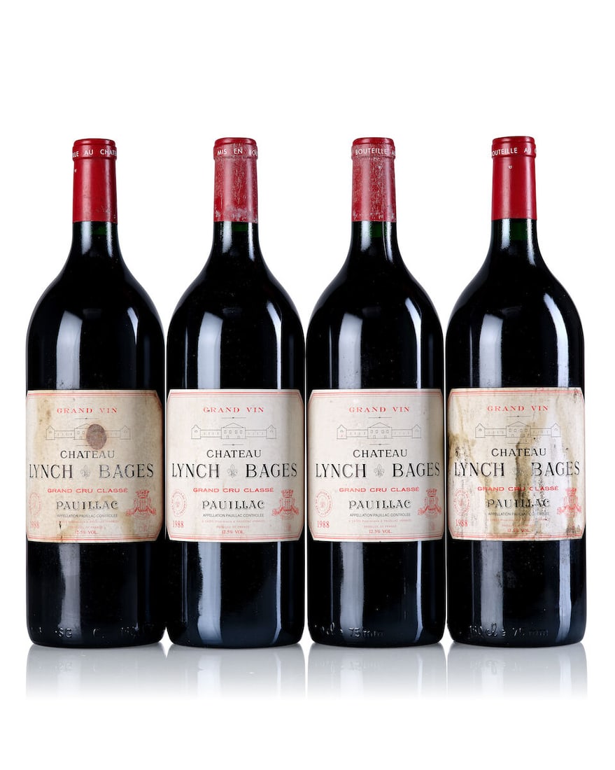Château Lynch Bages, 1988 (4x Magnum): Château Lynch Bages, 1988 (4x Magnum) Region: Bordeaux Fill Level: 4x into neck Capsule: 2x scuffed Label: 2x slightly bin-soiled, 2x heavily bin-soiled, 2x heavily damp-stained For further infor