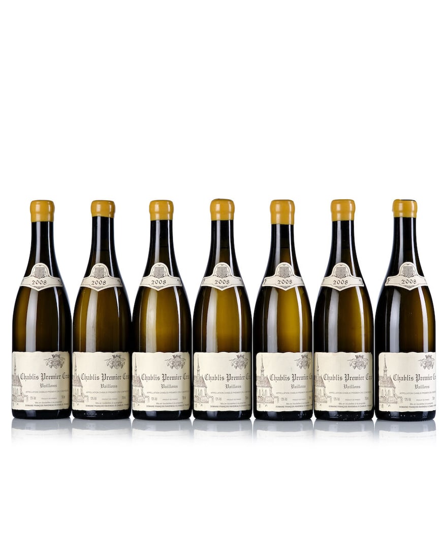 Domaine François Raveneau Chablis Vaillons, 2008 (7x 750ml): Domaine François Raveneau Chablis Vaillons, 2008 (7x 750ml) Region: Burgundy Capsule: 2x slightly cracked wax, 1x heavily cracked wax fully exposing cork Cork: 2x signs of old seepage Label: 3x s