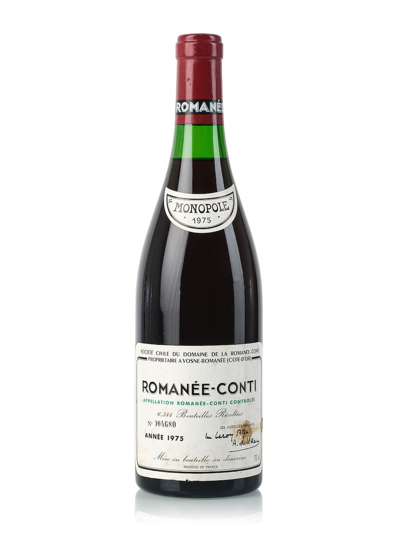 Domaine de la Romanée-Conti Romanée-Conti, 1975 (1x 750ml): Domaine de la Romanée-Conti Romanée-Conti, 1975 (1x 750ml) Region: Burgundy Fill Level: 3cm Capsule: slightly oxidised Cork: slightly depressed Label: slightly torn, stained, bin-soiled For 