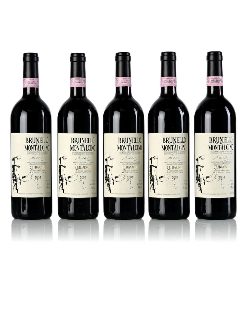 Cerbaiona di Diego Molinari Brunello di Montalcino, 2004 (5x 750ml): Cerbaiona di Diego Molinari Brunello di Montalcino, 2004 (5x 750ml) Region: Italy Label: 1x slightly marked, 1x marked, 1x slightly torn For further information on this lot please visit