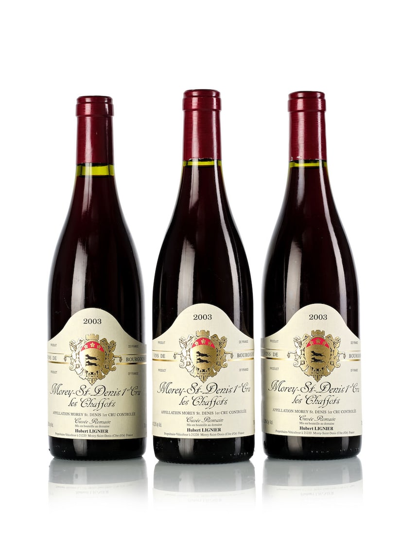 Domaine Hubert Lignier Morey St. Denis Les Chaffots Cuvée Romain, 2003 (3x 750ml): Domaine Hubert Lignier Morey St. Denis Les Chaffots Cuvée Romain, 2003 (3x 750ml) Region: Burgundy For further information on this lot please visit Bonhams.com For further information about this 