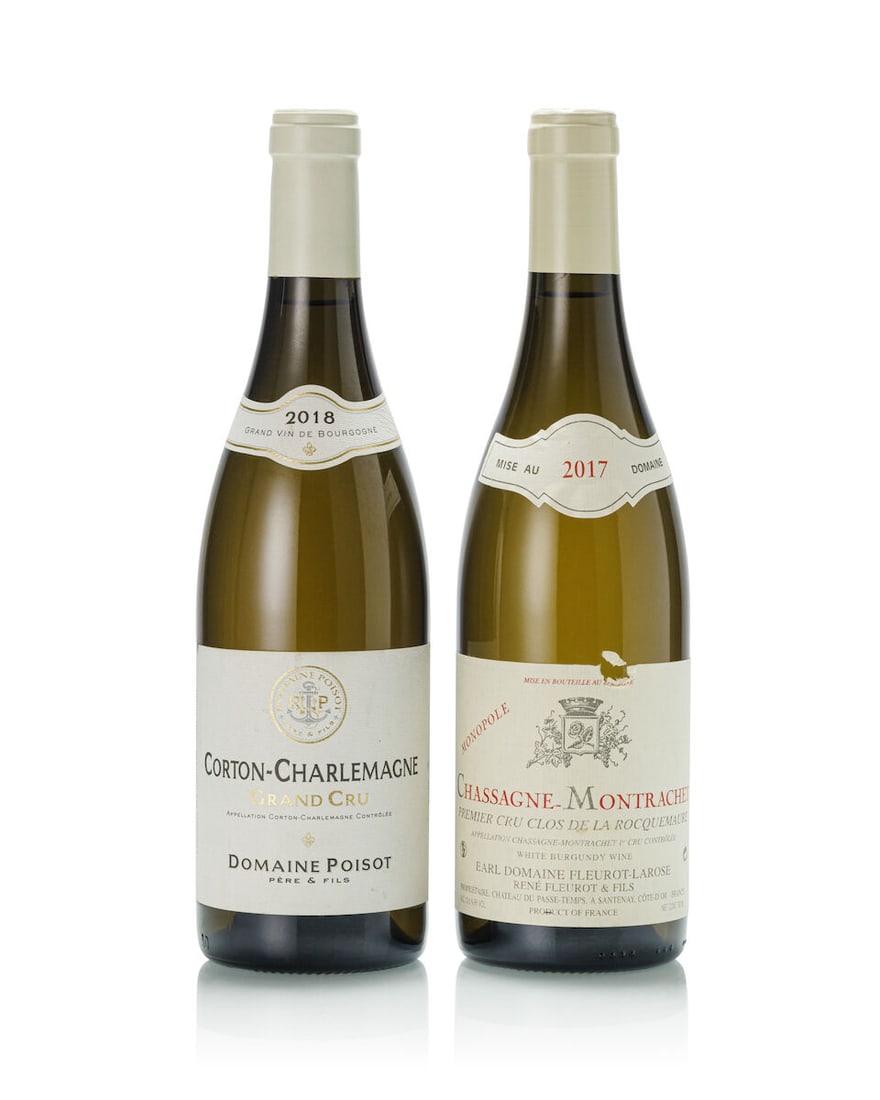Domaine Fleurot Larose Chassagne Montrachet Clos de La Rocquemaure, 2017 (1x 750ml) Domaine Pois...: Domaine Fleurot Larose Chassagne Montrachet Clos de La Rocquemaure, 2017 (1x 750ml) Region: Burgundy Label: slightly marked vintage tag, torn Domaine Poisot Corton Charlemagne, 2018 (1x