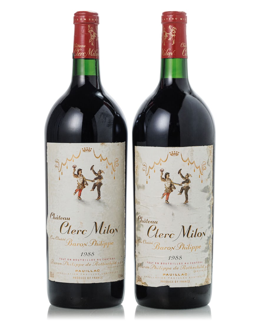 Château Clerc Milon, 1988 (4x Magnum): Château Clerc Milon, 1988 (4x Magnum) Region: Bordeaux Fill Level: 4x into neck Capsule: 4x scuffed, 2x nicked, 1x slighlty nicked Cork: 2x slightly protruded Label: 1x heavily damp-stained, 3x