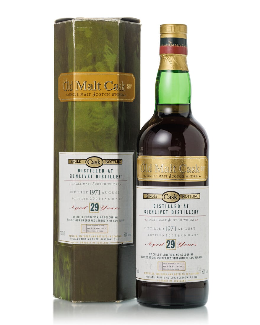 Glenlivet Old Malt Cask 29 Year Old, 1971 (1x 700ml): Glenlivet Old Malt Cask 29 Year Old, 1971 (1x 700ml) Region: Speyside Fill Level: into neck Label: scuffed and stained labelling Packaging: scuffed and slightly torn original carton Alcohol content: 5