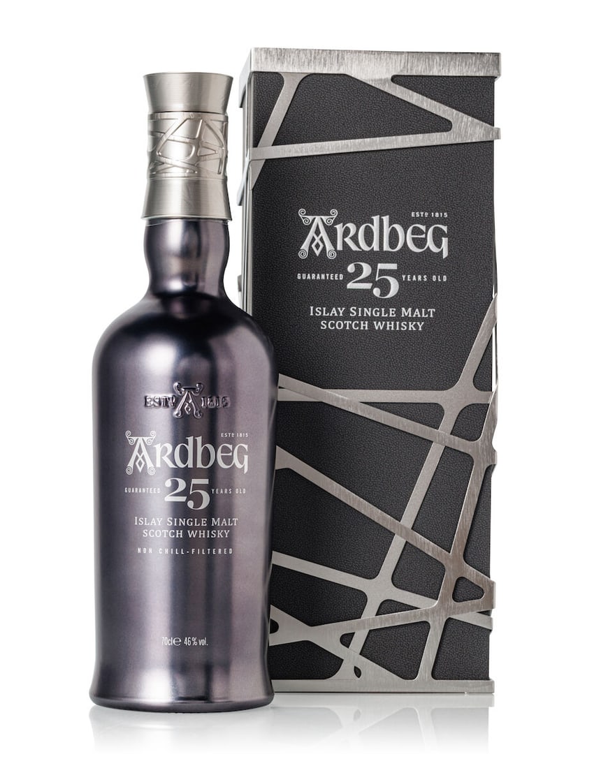 Ardbeg 25 Year Old, NV (1x 700ml): Ardbeg 25 Year Old, NV (1x 700ml) Region: Islay Capsule: embossed capsule Label: transfer print label Packaging: presentation case with outer original carton Alcohol content: 46% ABV Notes: Distilled 