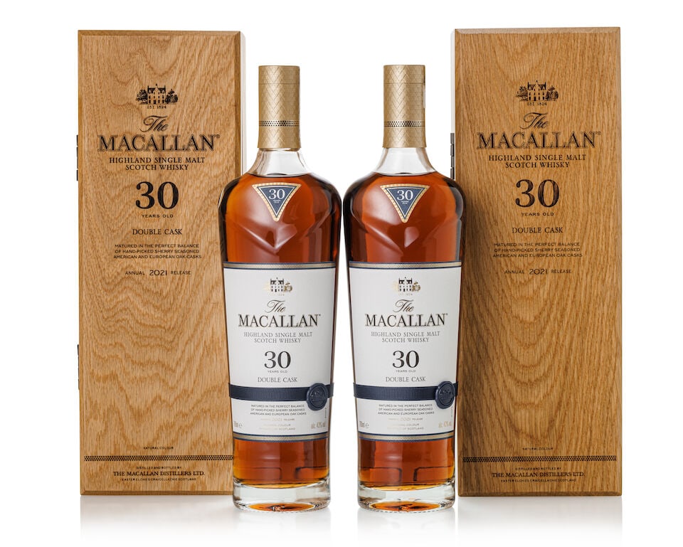 The Macallan 30 Year Old Double Cask 2021 Release, NV (2x 700ml): The Macallan 30 Year Old Double Cask 2021 Release, NV (2x 700ml) Region: Speyside Label: 2x good labels Packaging: 2x original wooden cases Alcohol content: 43% ABV Notes: Distilled and bottled by