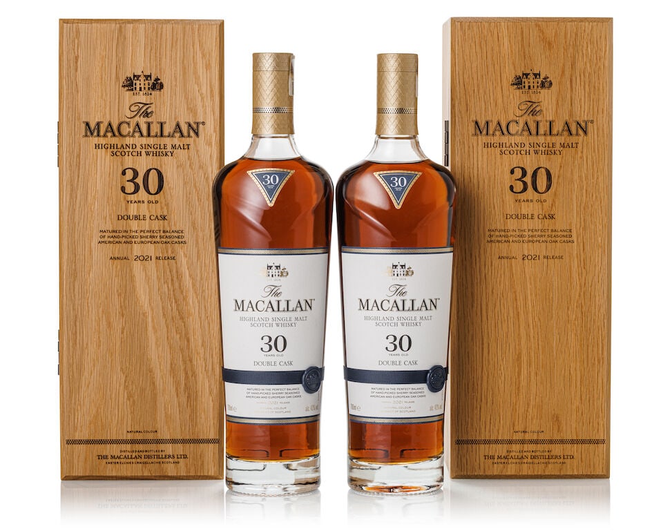 The Macallan 30 Year Old Double Cask 2021 Release, NV (2x 700ml): The Macallan 30 Year Old Double Cask 2021 Release, NV (2x 700ml) Region: Speyside Label: 2x good labels Packaging: 2x original wooden cases Alcohol content: 43% ABV Notes: Distilled and bottled by
