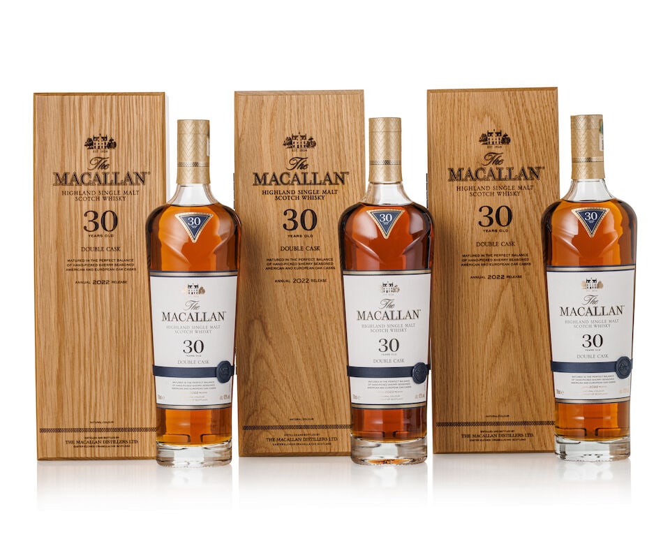 The Macallan 30 Year Old Double Cask 2022 Release, NV (3x 700ml): The Macallan 30 Year Old Double Cask 2022 Release, NV (3x 700ml) Region: Speyside Label: 3x good label Packaging: 3x original wooden cases Miscellaneous: in original outer carton Alcohol content: 43%