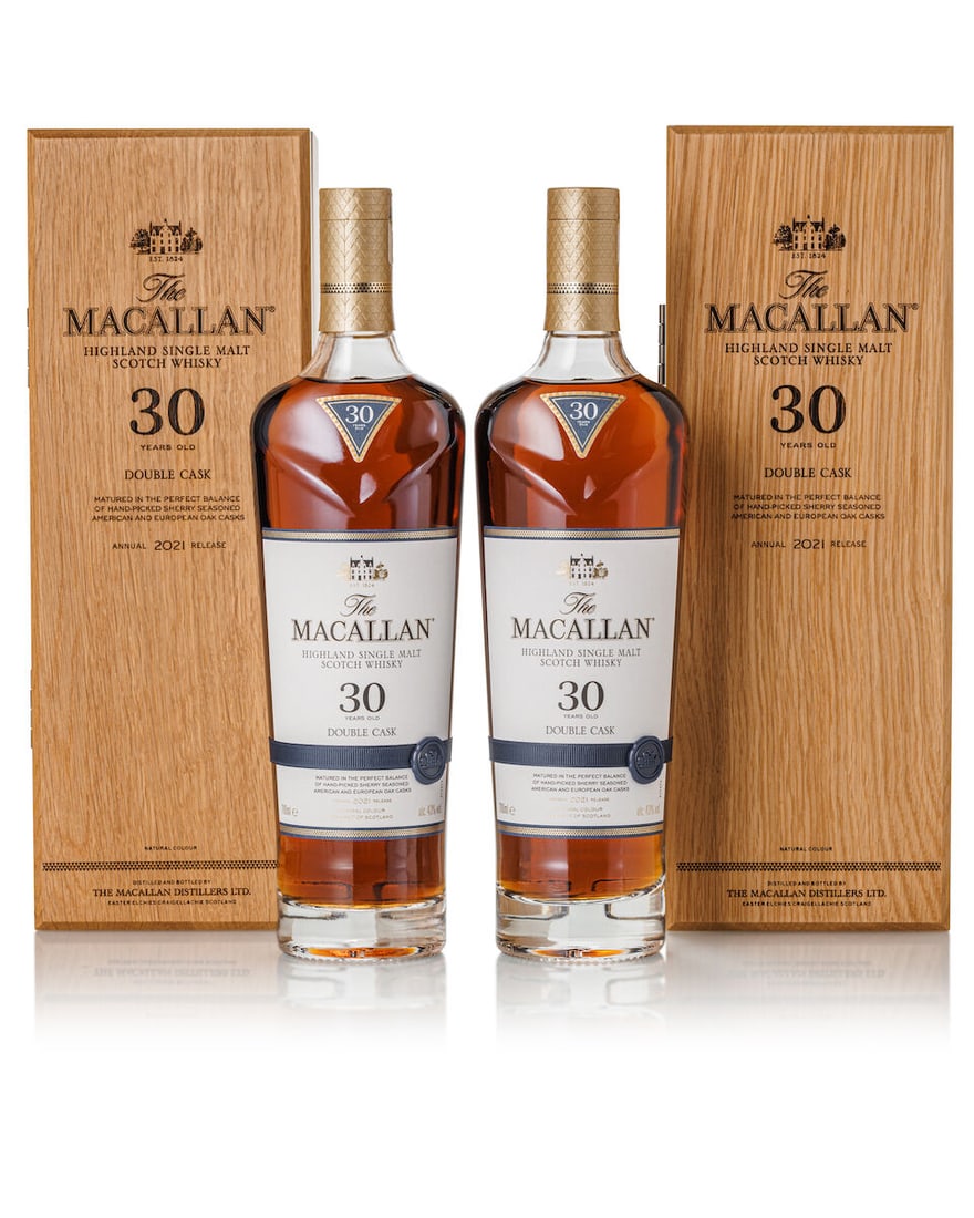 The Macallan 30 Year Old Double Cask 2021 Release, NV (2x 700ml): The Macallan 30 Year Old Double Cask 2021 Release, NV (2x 700ml) Region: Speyside Label: 2x good labels Packaging: 2x original wooden cases Alcohol content: 43% ABV Notes: Distilled and bottled by