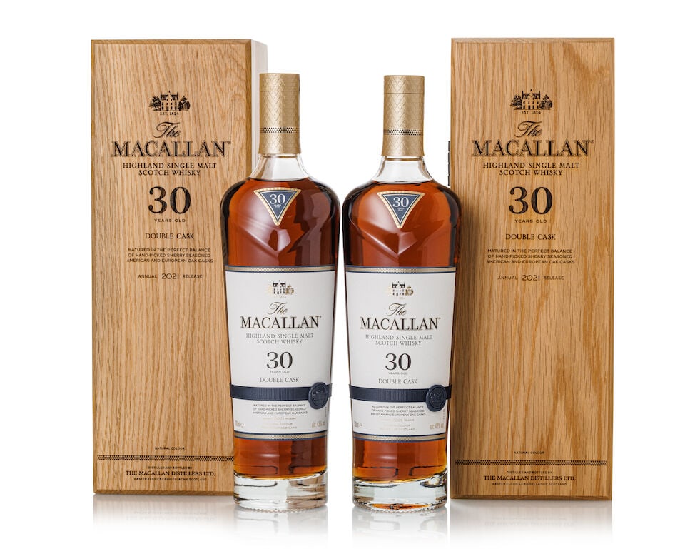 The Macallan 30 Year Old Double Cask 2021 Release, NV (2x 700ml): The Macallan 30 Year Old Double Cask 2021 Release, NV (2x 700ml) Region: Speyside Label: 2x good labels Packaging: 2x original wooden cases Alcohol content: 43% ABV Notes: Distilled and bottled by